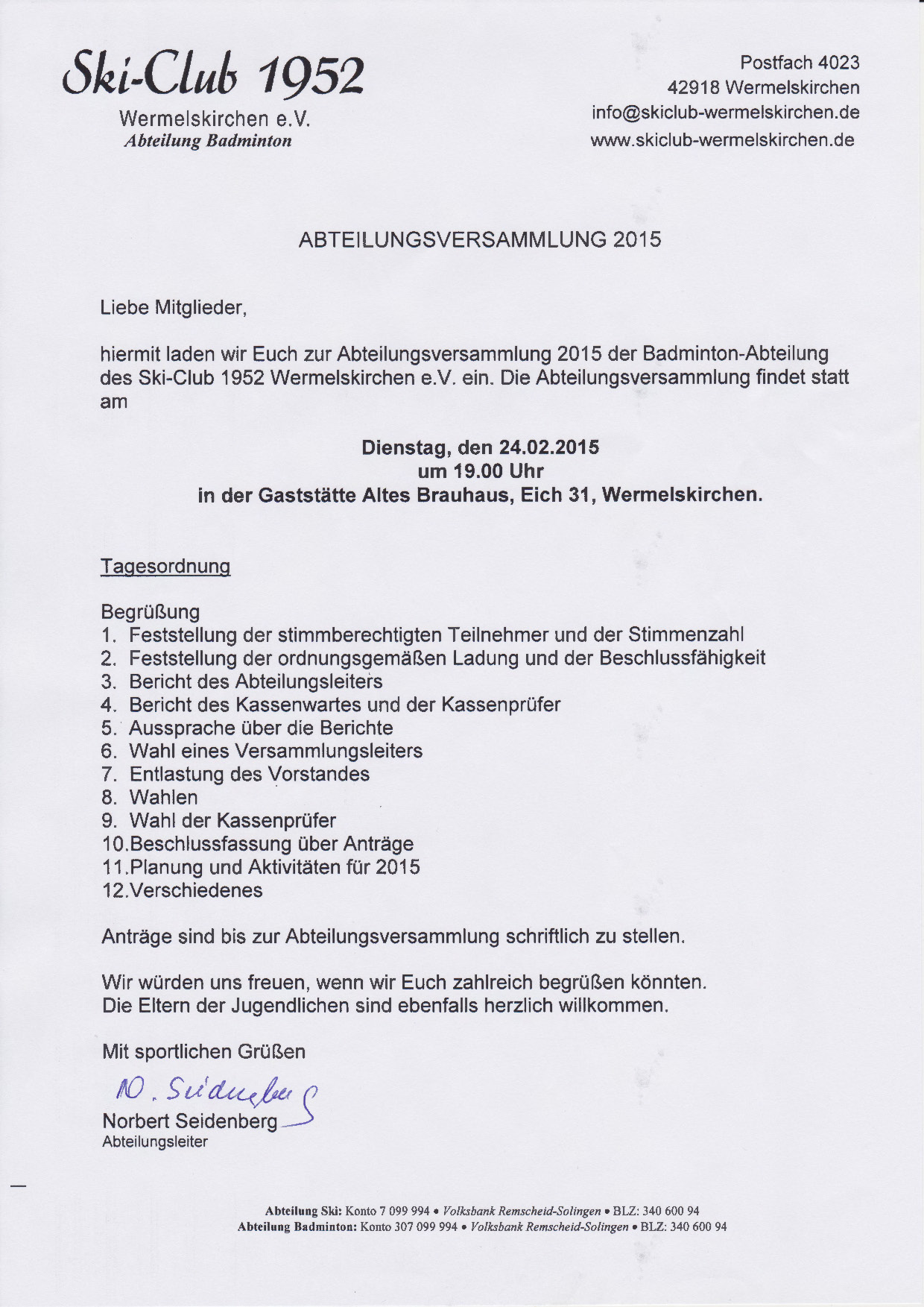 Einladung zur Abteilungsversammlung Badminton